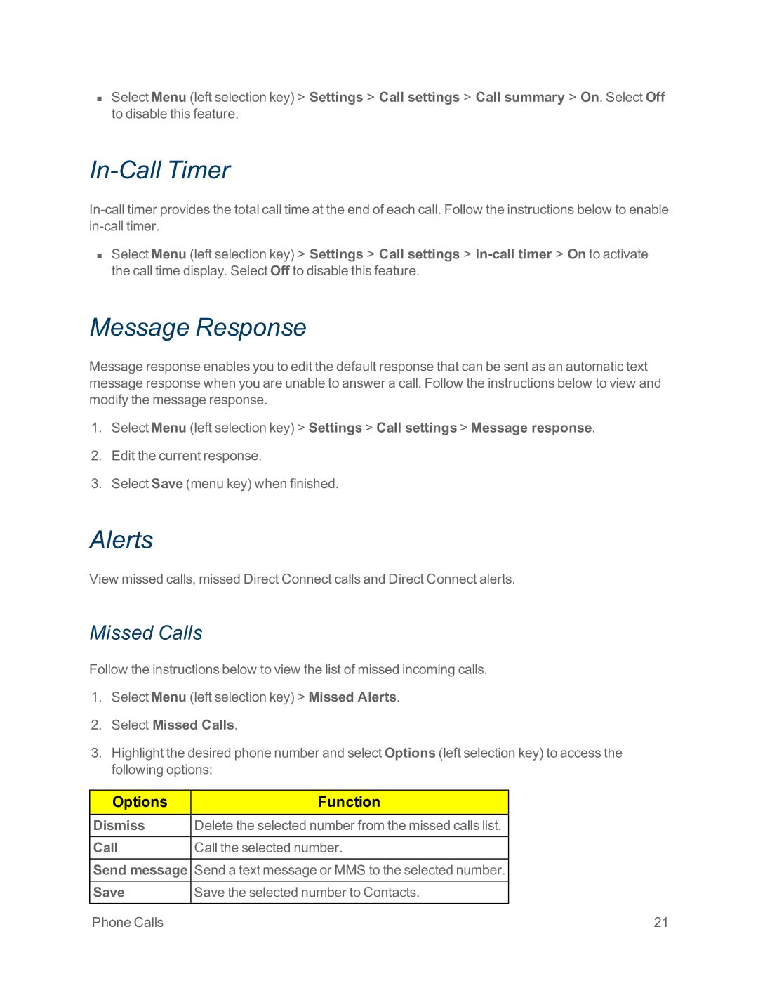 Sprint Nextel IS manual In-Call Timer, Message Response, Alerts, Missed Calls 