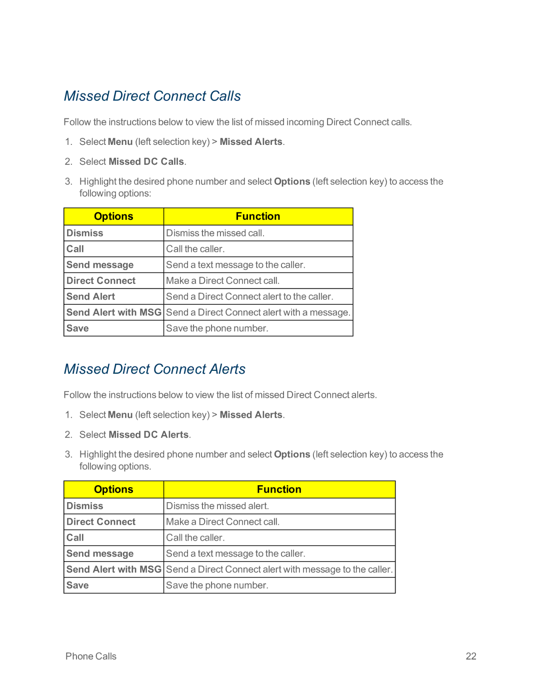 Sprint Nextel IS manual Missed Direct Connect Calls, Missed Direct Connect Alerts, Select Missed DC Calls 