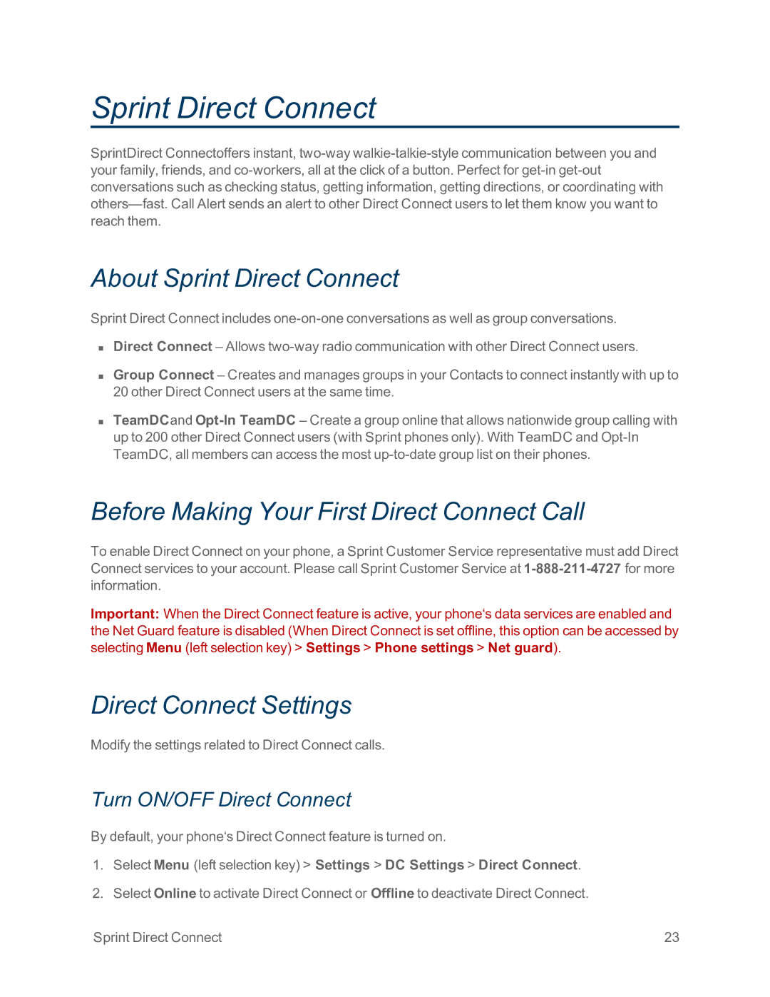 Sprint Nextel IS About Sprint Direct Connect, Before Making Your First Direct Connect Call, Direct Connect Settings 