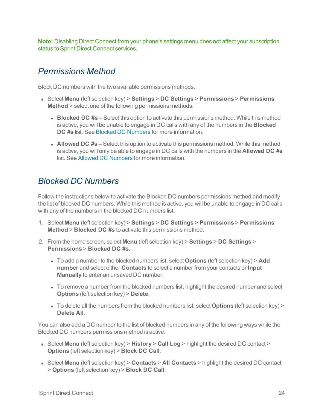 Sprint Nextel IS manual Permissions Method, Blocked DC Numbers 