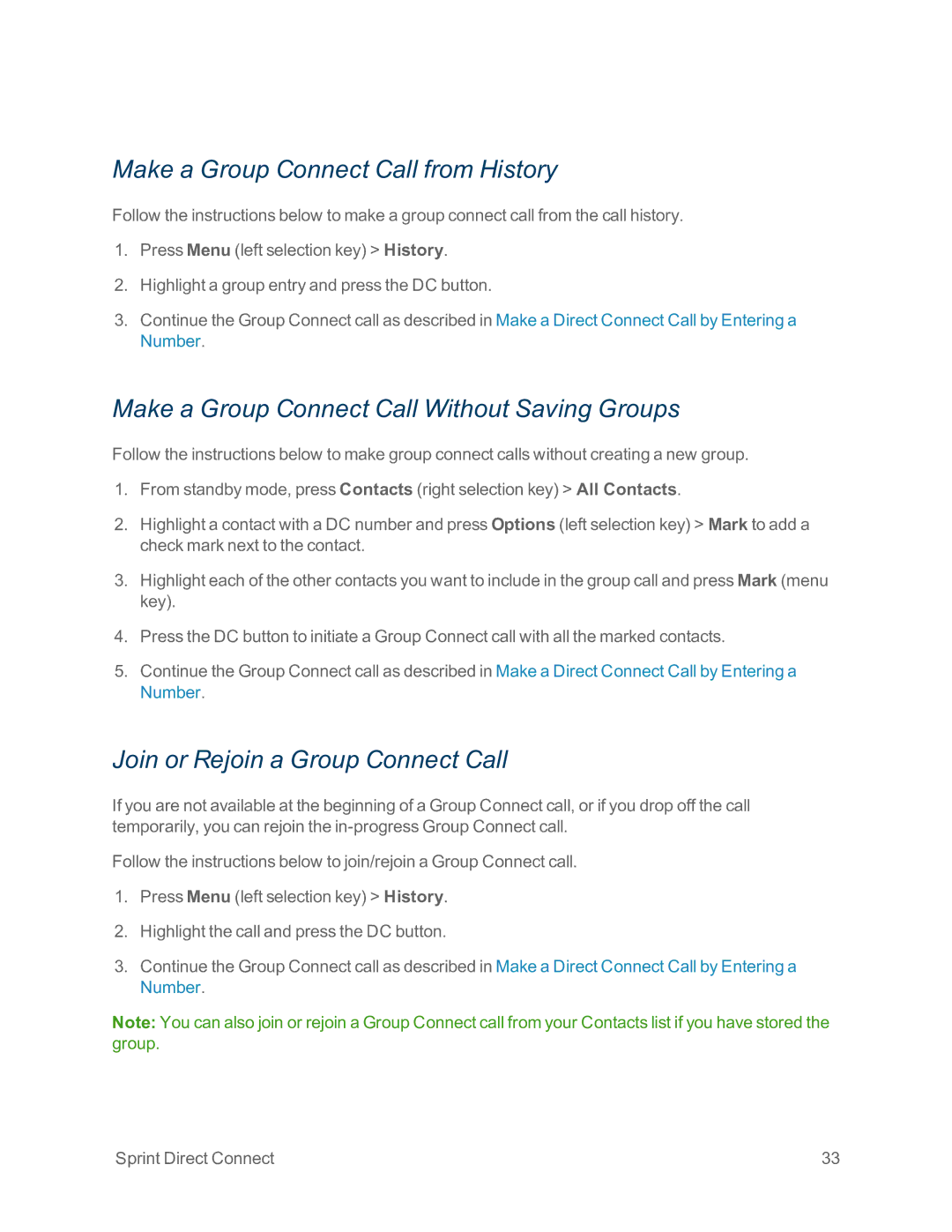 Sprint Nextel IS manual Make a Group Connect Call from History, Make a Group Connect Call Without Saving Groups 