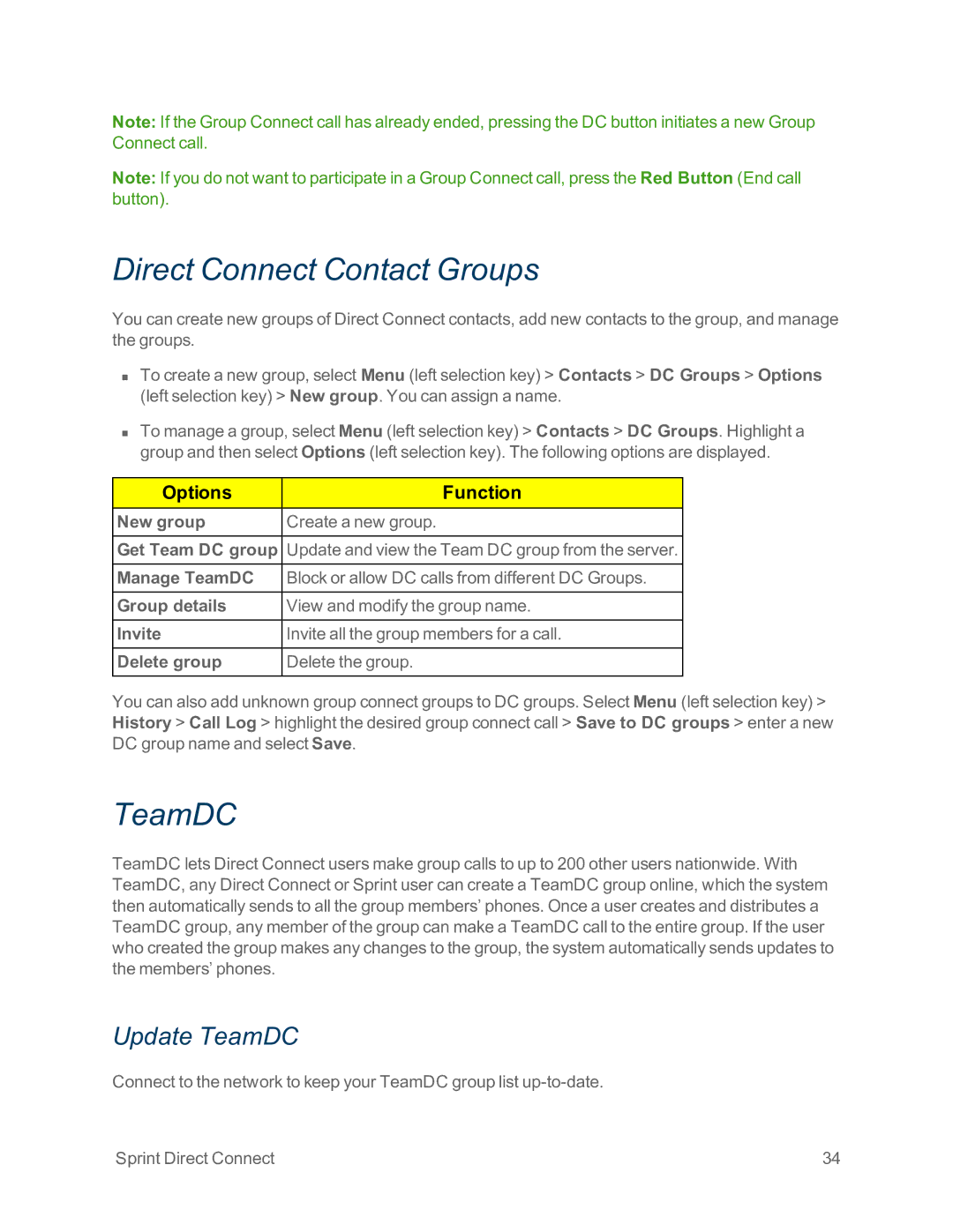 Sprint Nextel IS manual Direct Connect Contact Groups, Update TeamDC 