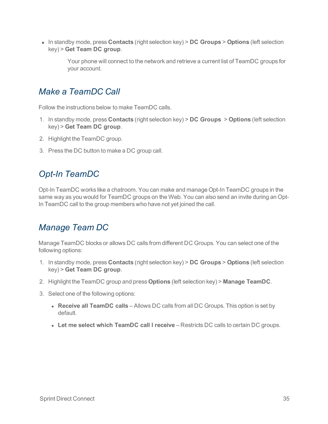 Sprint Nextel IS manual Make a TeamDC Call, Opt-In TeamDC, Manage Team DC 