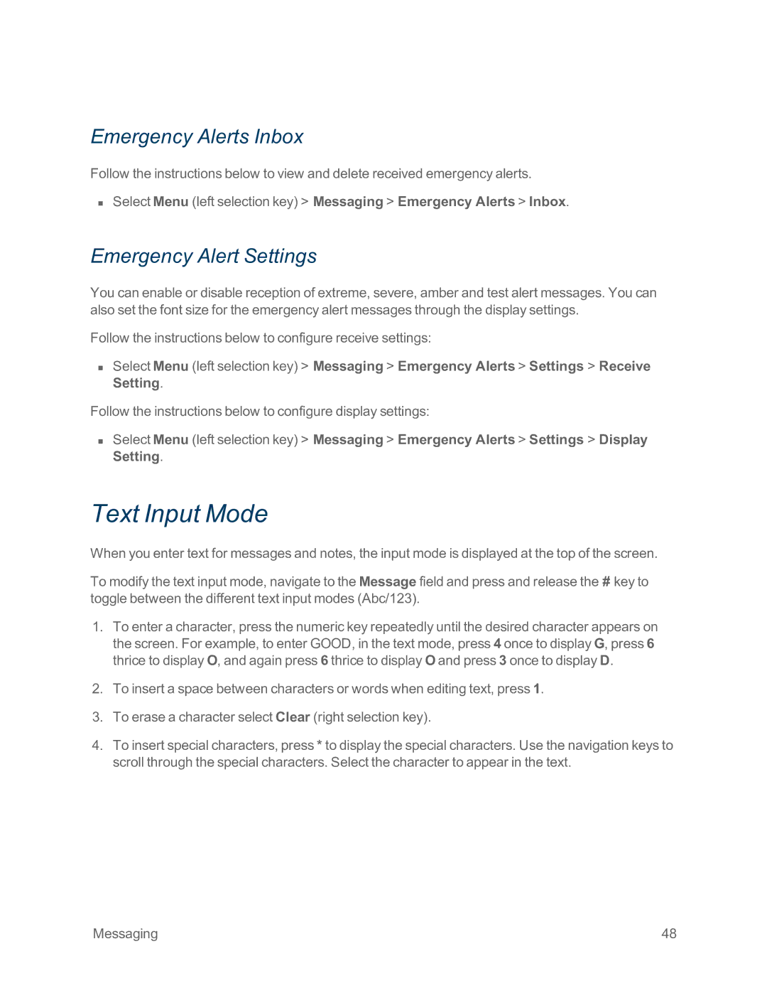 Sprint Nextel IS manual Text Input Mode, Emergency Alerts Inbox, Emergency Alert Settings 