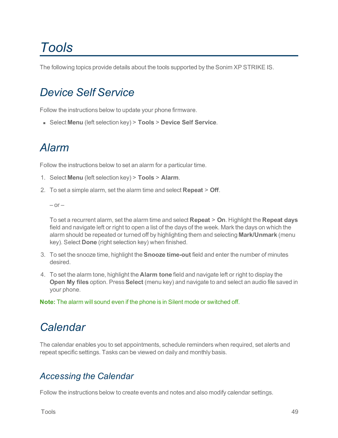 Sprint Nextel IS manual Tools, Device Self Service, Alarm, Accessing the Calendar 