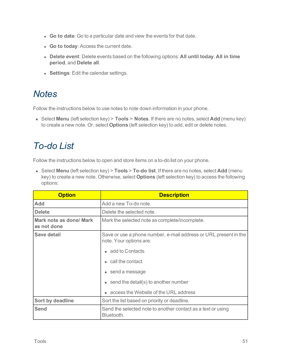 Sprint Nextel IS manual To-do List, Add, Mark note as done/ Mark, As not done Save detail, Sort by deadline 