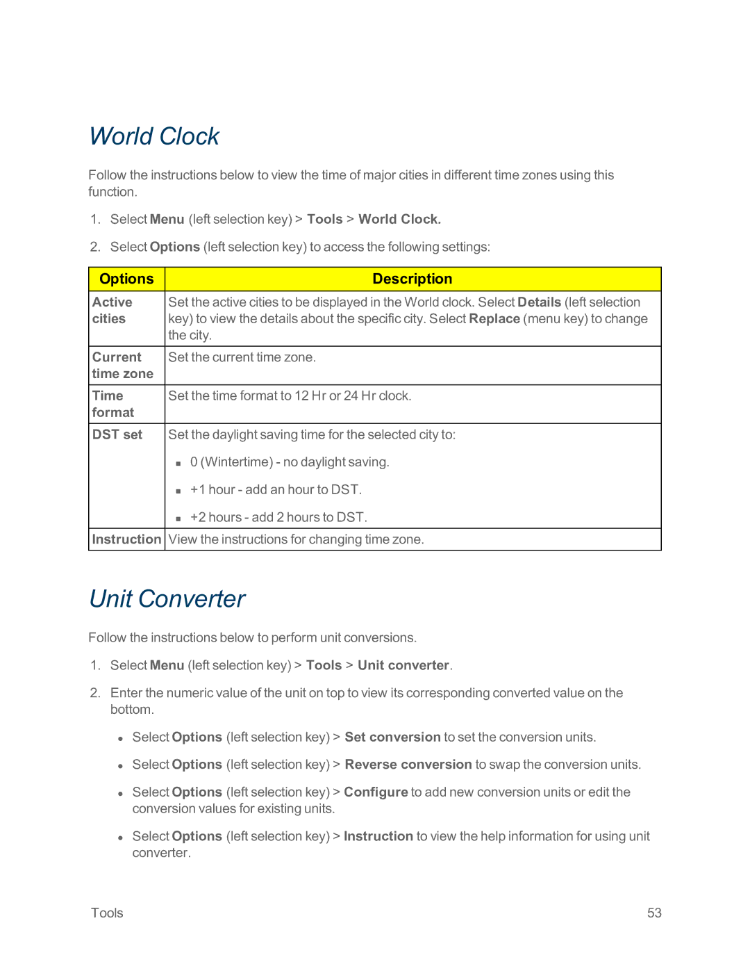 Sprint Nextel IS manual World Clock, Unit Converter, Active, Cities, City 