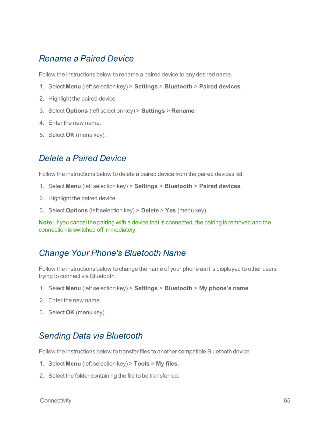 Sprint Nextel IS manual Rename a Paired Device, Delete a Paired Device, Change Your Phones Bluetooth Name 