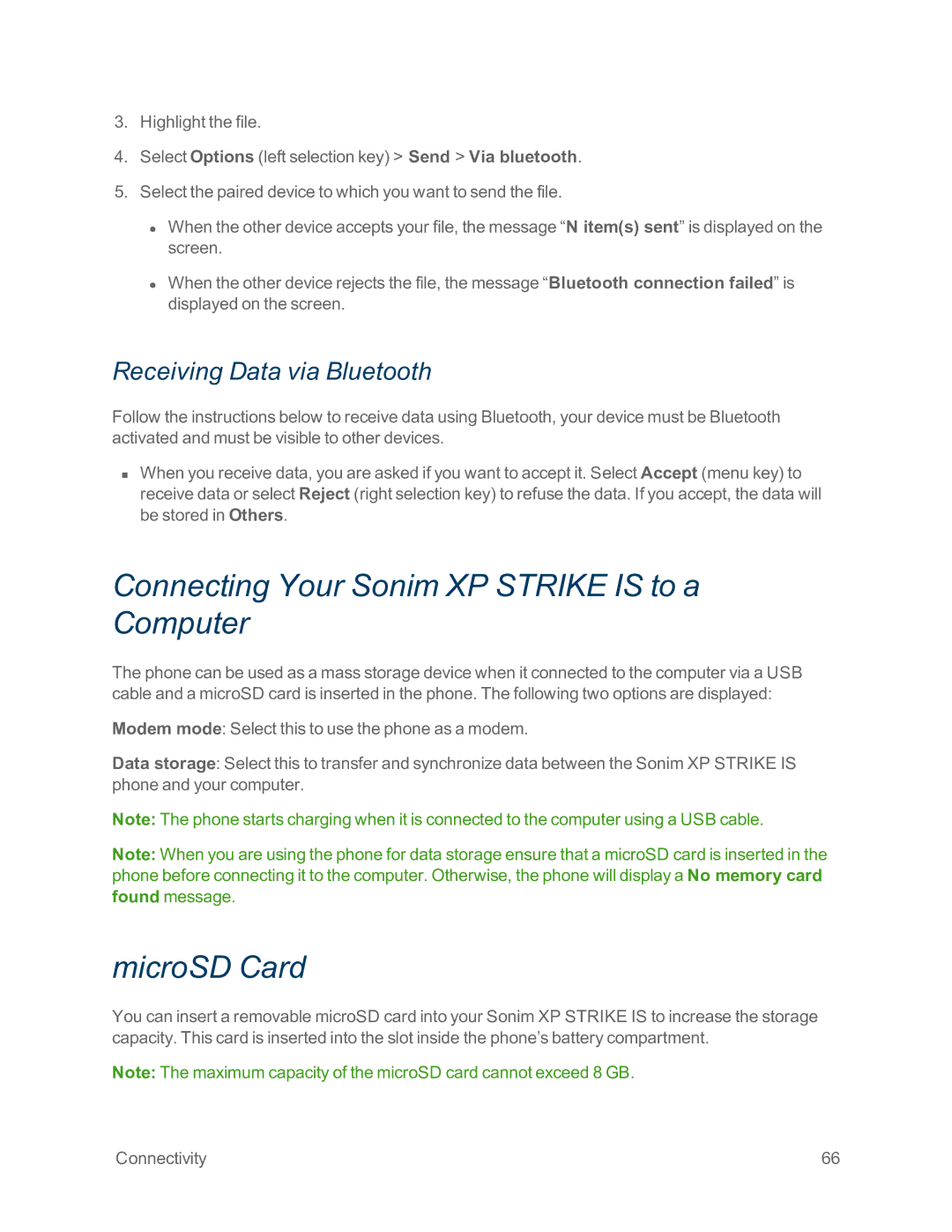 Sprint Nextel IS manual Connecting Your Sonim XP Strike is to a Computer, MicroSD Card, Receiving Data via Bluetooth 