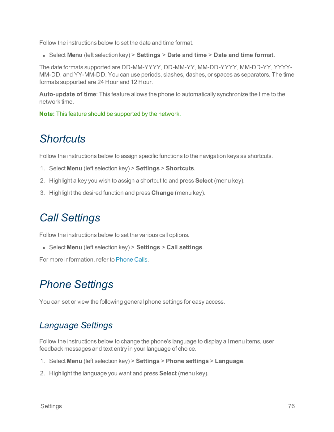 Sprint Nextel IS manual Shortcuts, Call Settings, Phone Settings, Language Settings 