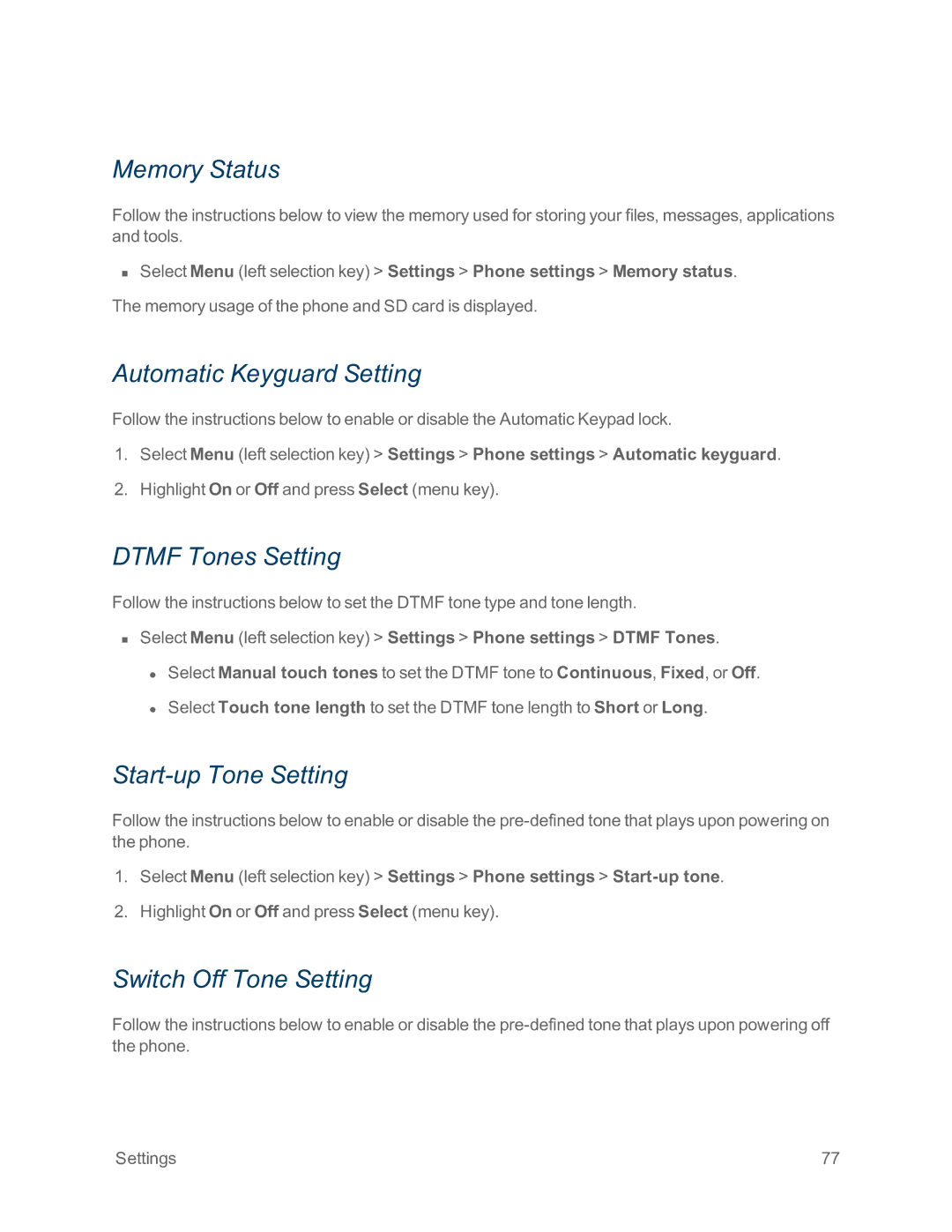 Sprint Nextel IS manual Memory Status, Automatic Keyguard Setting, Dtmf Tones Setting, Start-up Tone Setting 