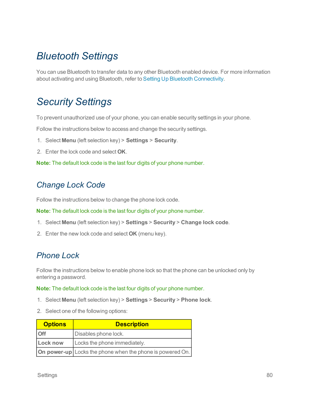 Sprint Nextel IS manual Bluetooth Settings, Security Settings, Change Lock Code, Phone Lock 