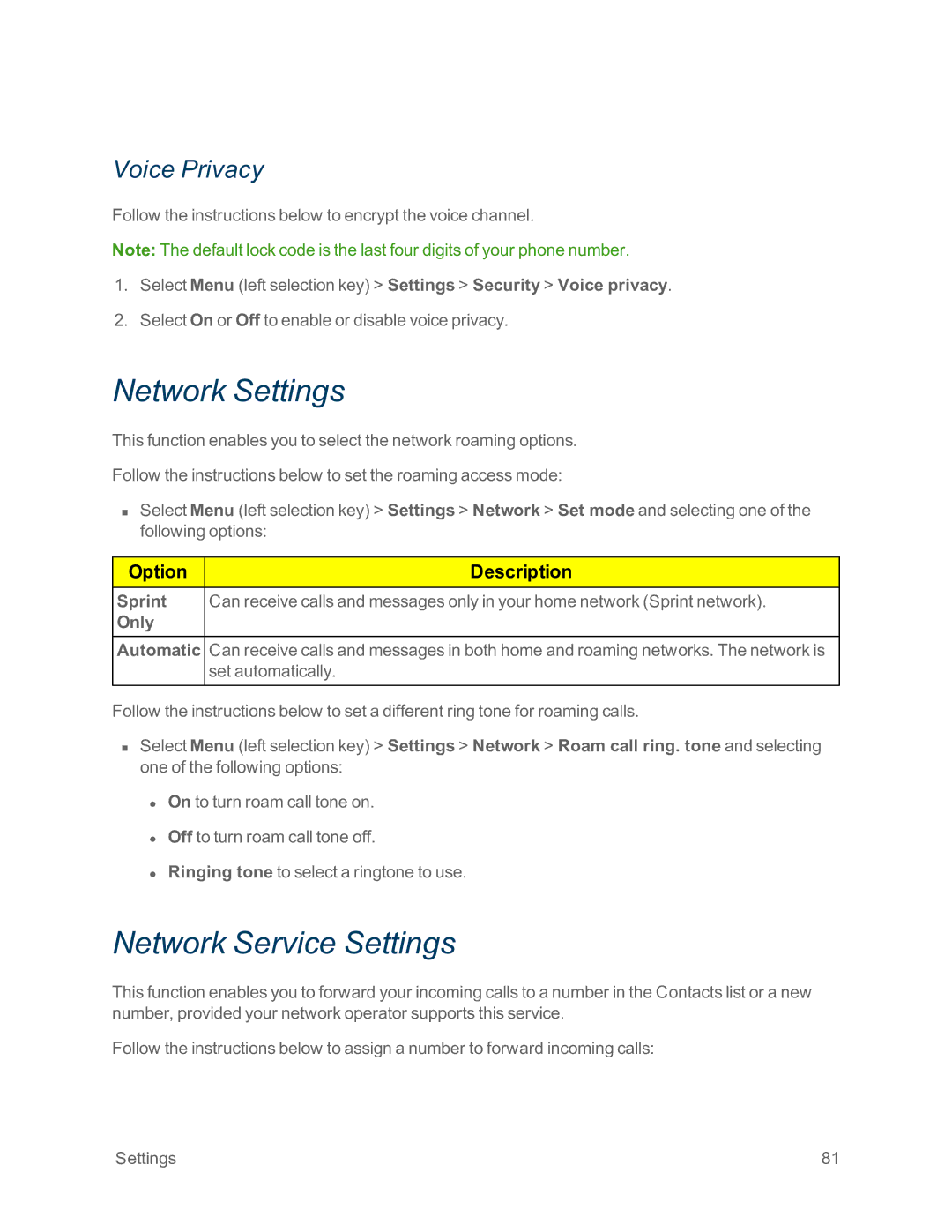 Sprint Nextel IS manual Network Settings, Network Service Settings, Voice Privacy 