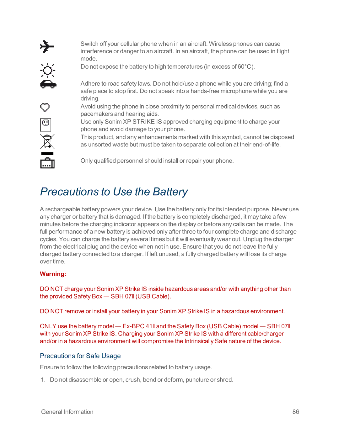 Sprint Nextel IS manual Precautions to Use the Battery, Precautions for Safe Usage 