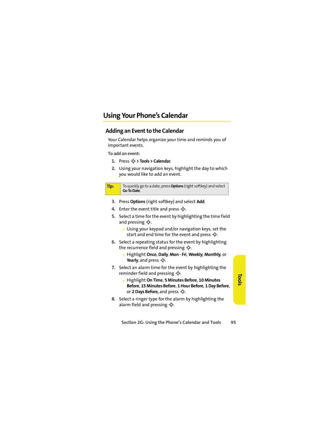 Sprint Nextel K1M manual Using Your Phone’s Calendar, Adding an Event to the Calendar, Tools, To add an event 