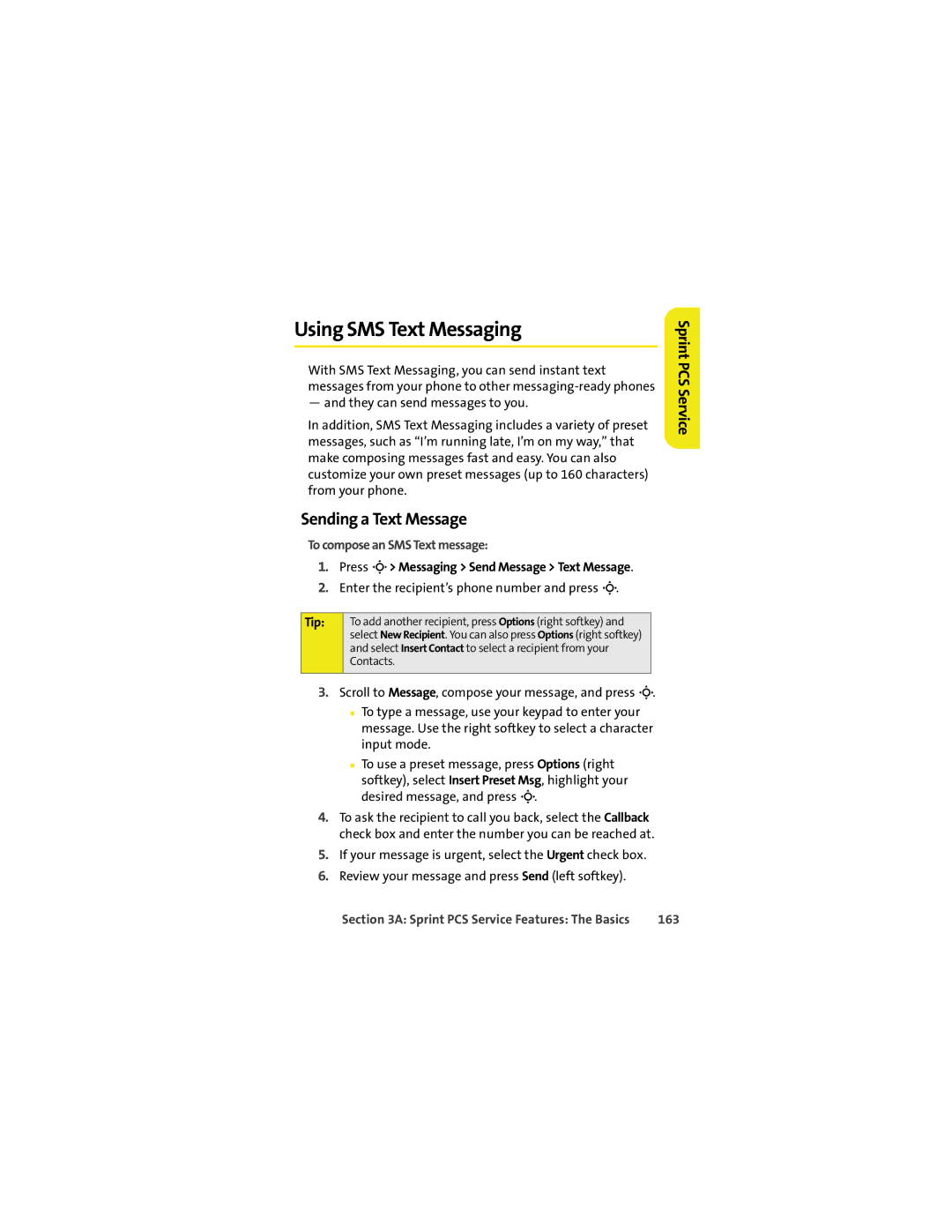 Sprint Nextel K1M manual Using SMS Text Messaging, Sending a Text Message, To compose an SMS Text message, 163 