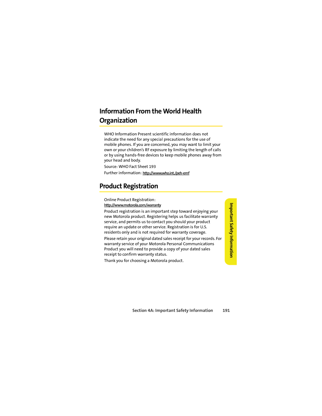 Sprint Nextel K1M manual Information From the World Health Organization, Product Registration, 191 