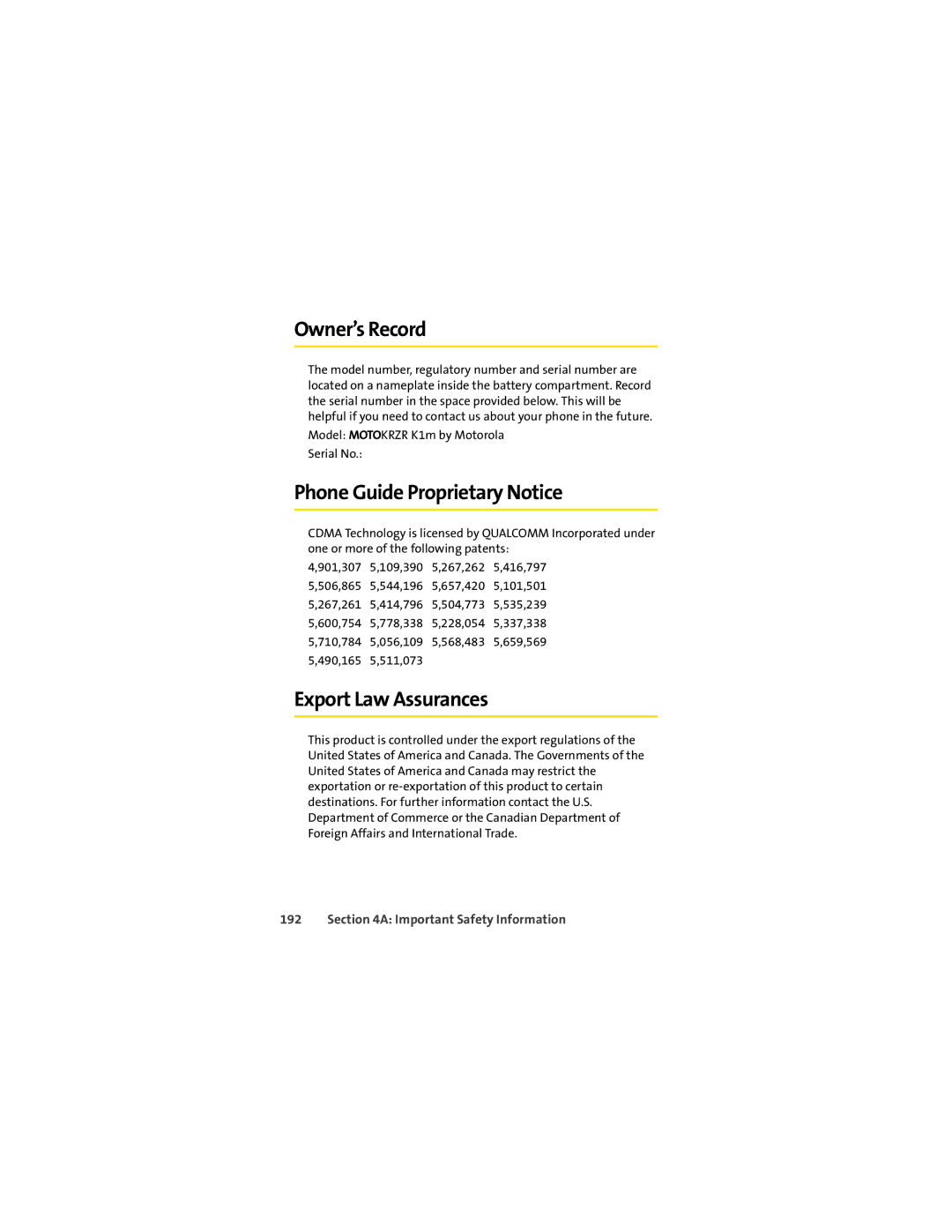 Sprint Nextel K1M manual Owner’s Record, Phone Guide Proprietary Notice, Export Law Assurances 