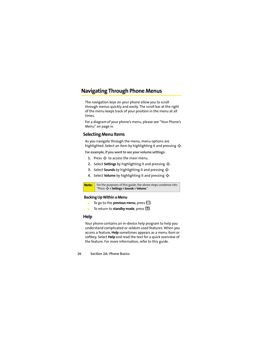 Sprint Nextel K1M manual Navigating Through Phone Menus, Selecting Menu Items, Help, Backing Up Within a Menu 