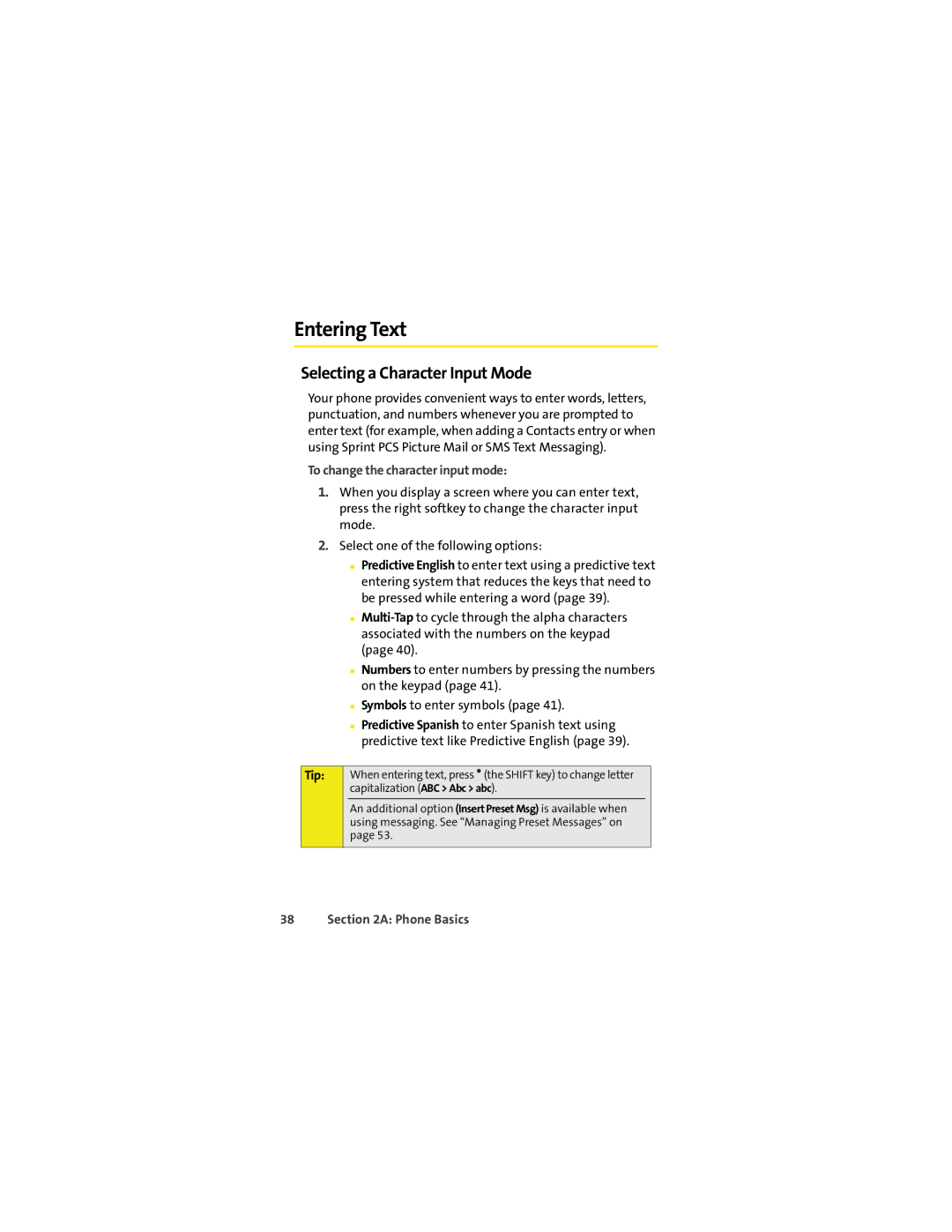 Sprint Nextel K1M manual Entering Text, Selecting a Character Input Mode, To change the character input mode 