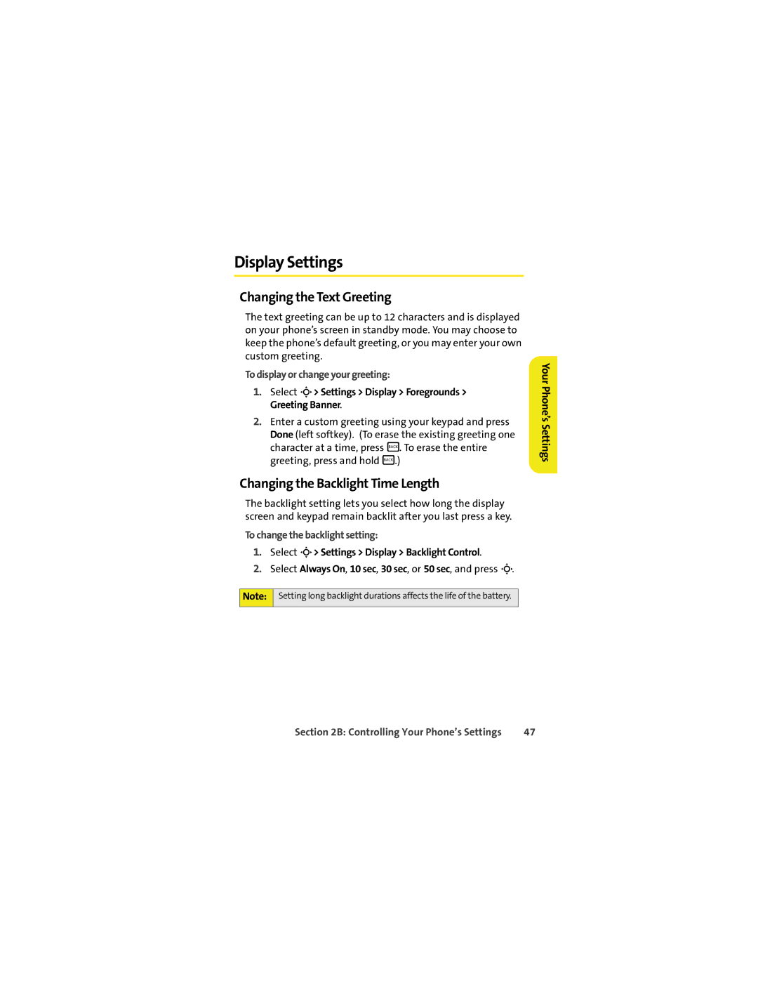 Sprint Nextel K1M manual Display Settings, Changing the Text Greeting, Changing the Backlight Time Length 