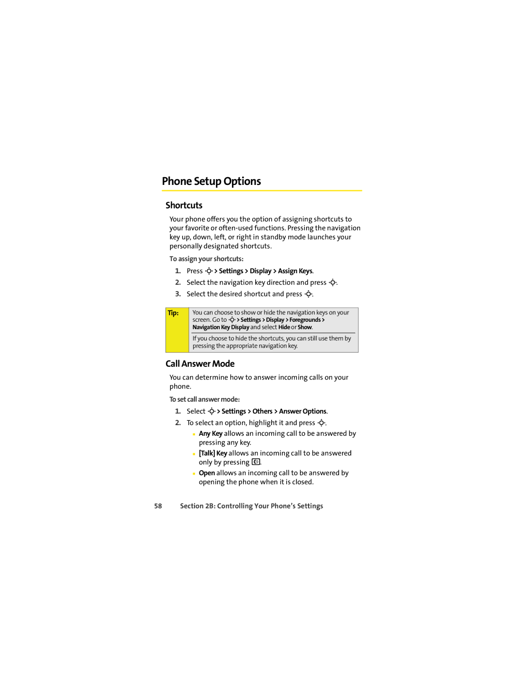 Sprint Nextel K1M Phone Setup Options, Shortcuts, Call Answer Mode, To assign your shortcuts, To set call answer mode 