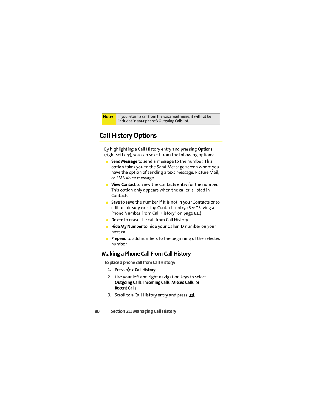 Sprint Nextel K1M Call History Options, Making a Phone Call From Call History, To place a phone call from Call History 