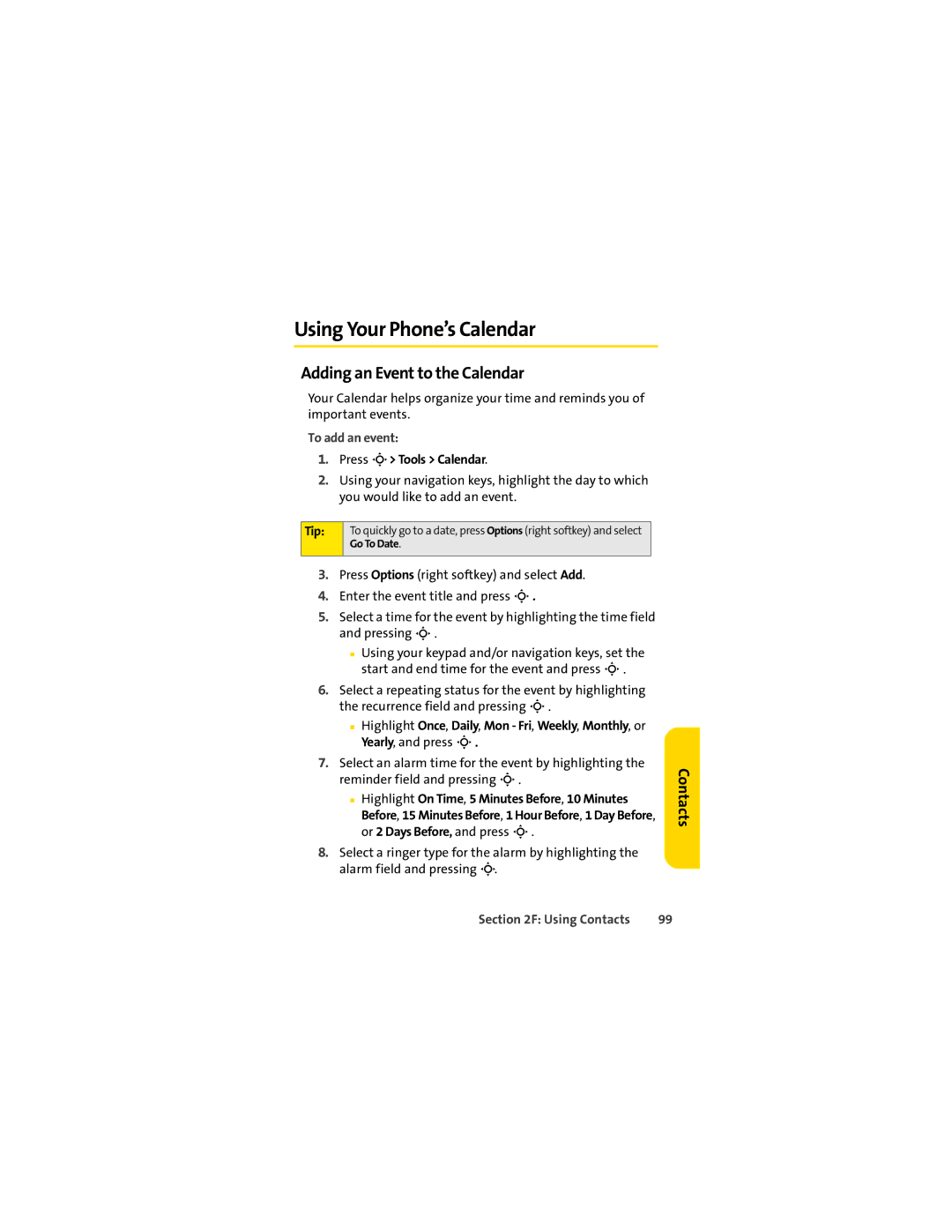 Sprint Nextel L7C Using Your Phone’s Calendar, Adding an Event to the Calendar, To add an event, Press M Tools Calendar 