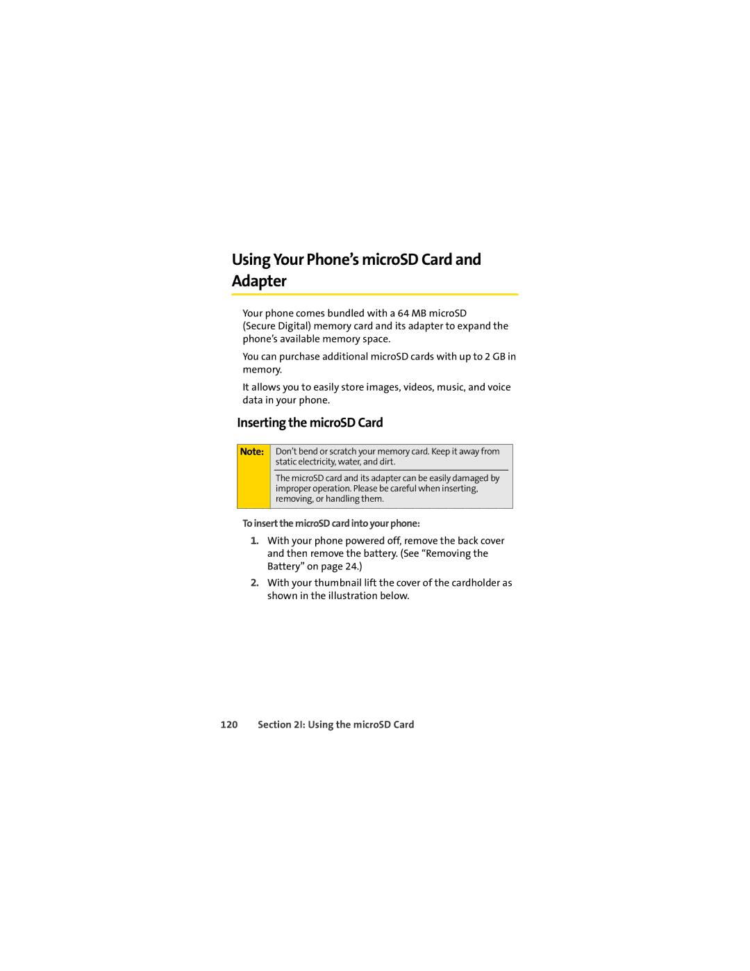 Sprint Nextel L7C manual Using Your Phone’s microSD Card and Adapter, Inserting the microSD Card, Using the microSD Card 