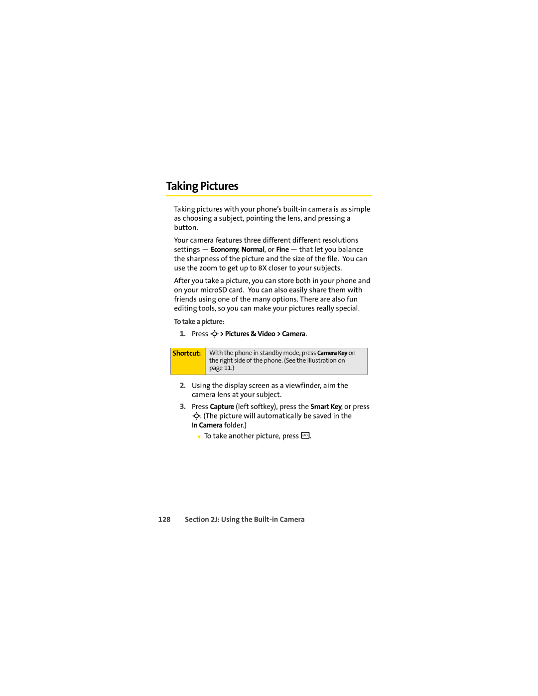 Sprint Nextel L7C manual Taking Pictures, To take a picture, Press M Pictures & Video Camera Shortcut, Camera folder 