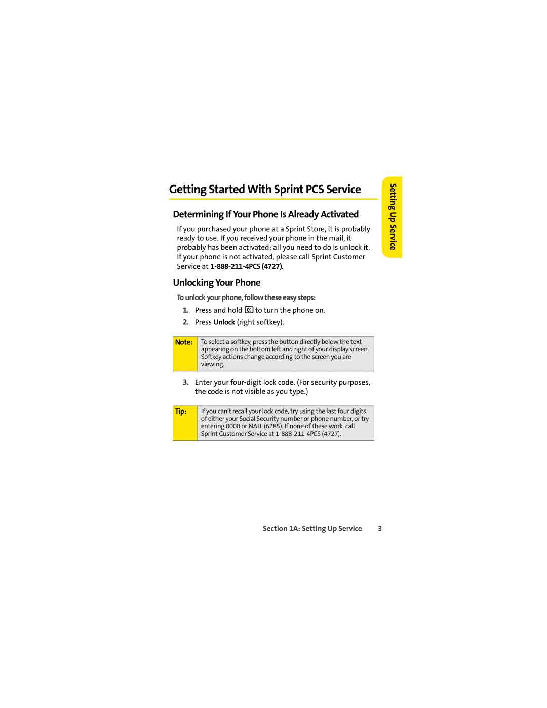 Sprint Nextel L7C manual Unlocking Your Phone, Determining If Your Phone Is Already Activated, Setting Up Service, Tip 