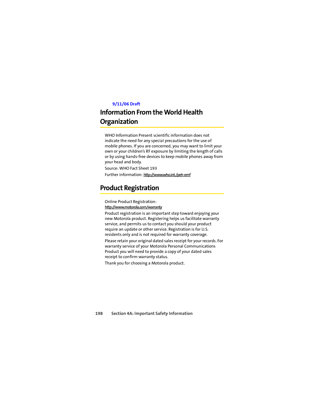 Sprint Nextel L7C manual Information From the World Health Organization, Product Registration 