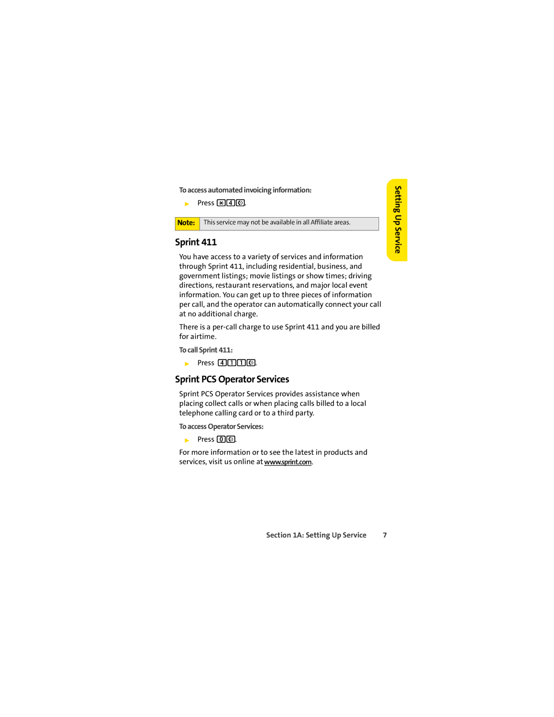 Sprint Nextel L7C manual Sprint PCS Operator Services, To access automated invoicing information, To call Sprint 