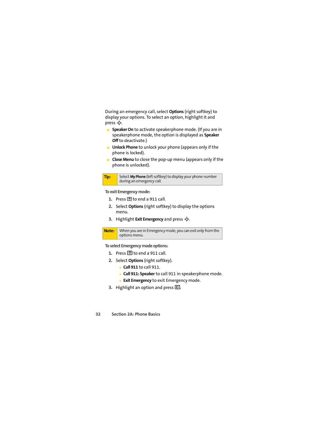 Sprint Nextel L7C manual To exit Emergency mode, To select Emergency mode options 