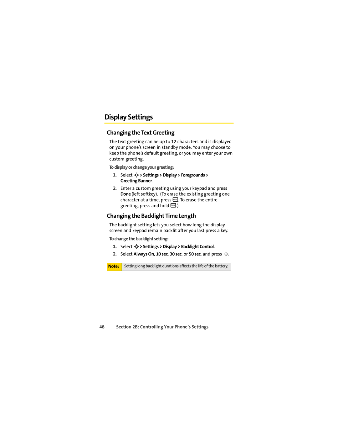 Sprint Nextel L7C manual Display Settings, Changing the Text Greeting, Changing the Backlight Time Length 