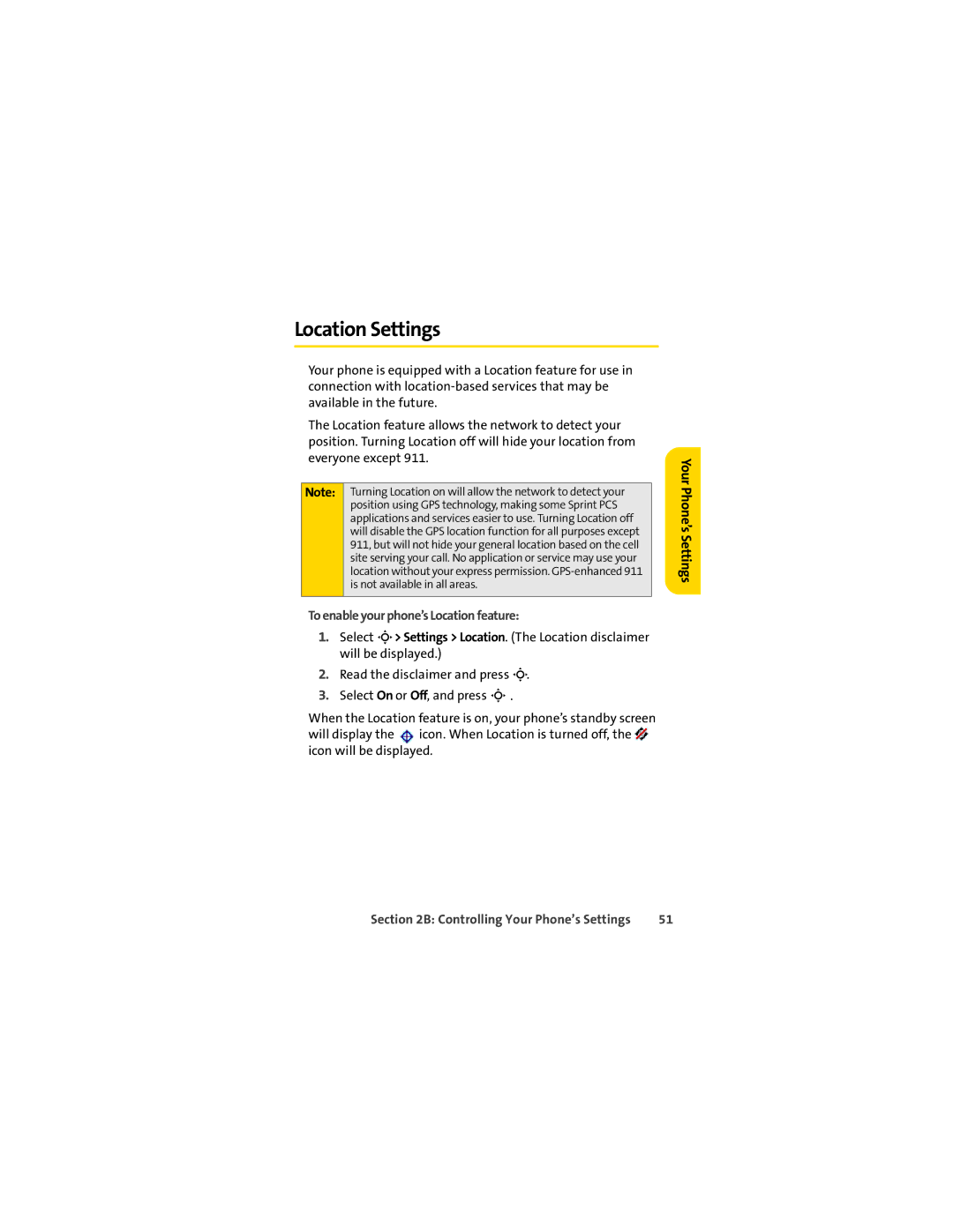 Sprint Nextel L7C manual Location Settings, To enable your phone’s Location feature 