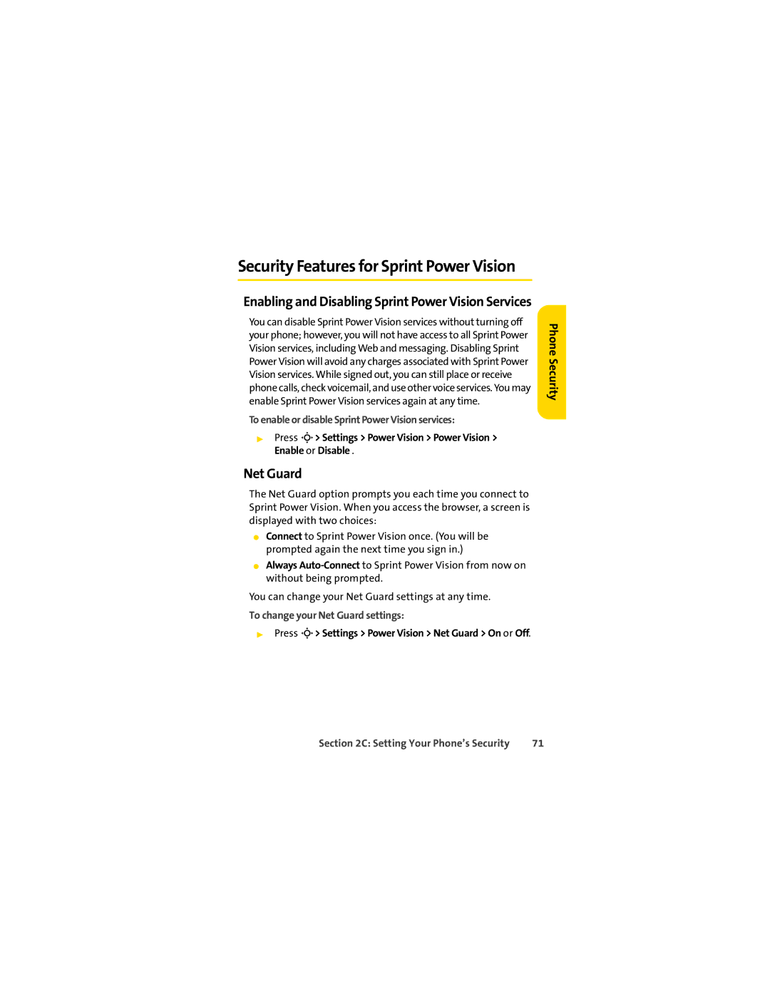 Sprint Nextel L7C manual To enable or disable Sprint Power Vision services, To change your Net Guard settings 