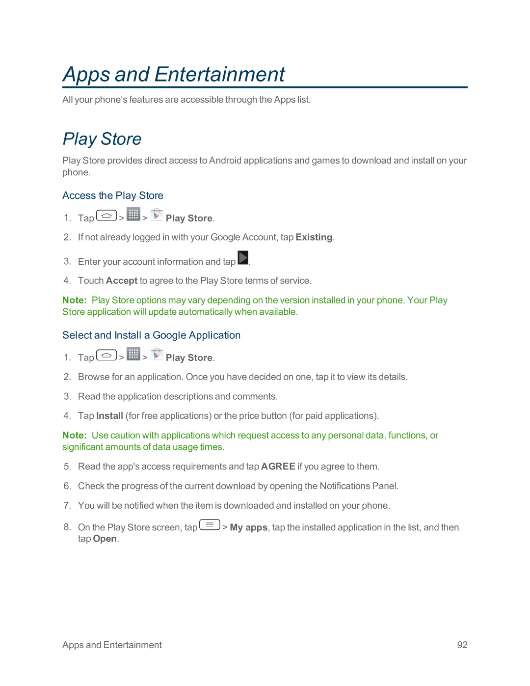 Sprint Nextel LG G2 manual Apps and Entertainment, Access the Play Store, Select and Install a Google Application 