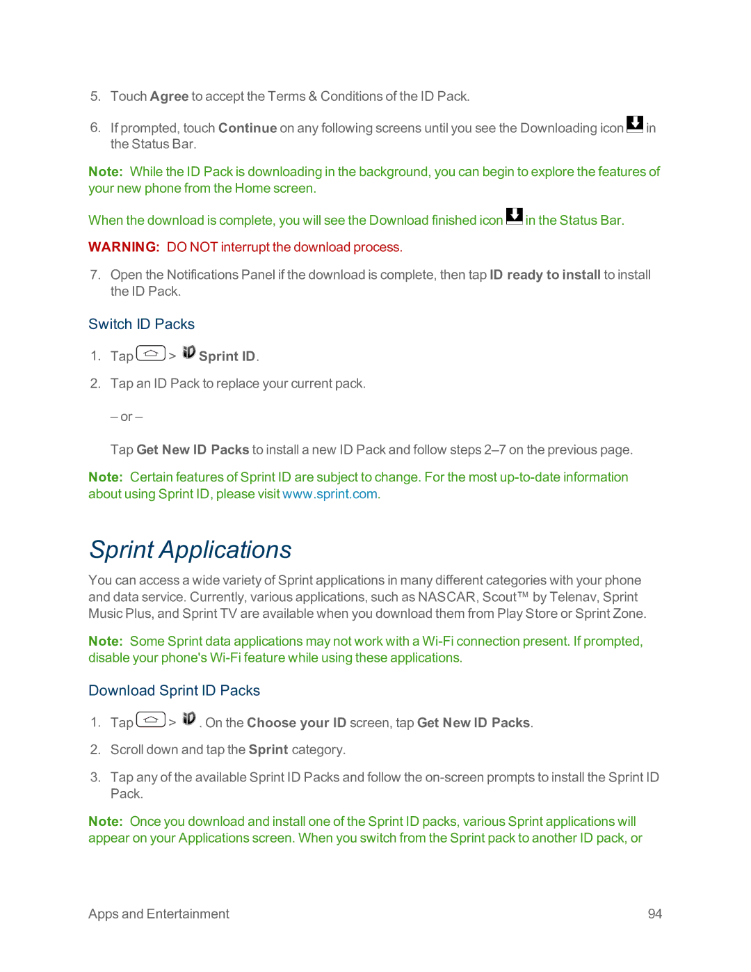 Sprint Nextel LG G2 manual Sprint Applications, Switch ID Packs, Download Sprint ID Packs, Tap Sprint ID 