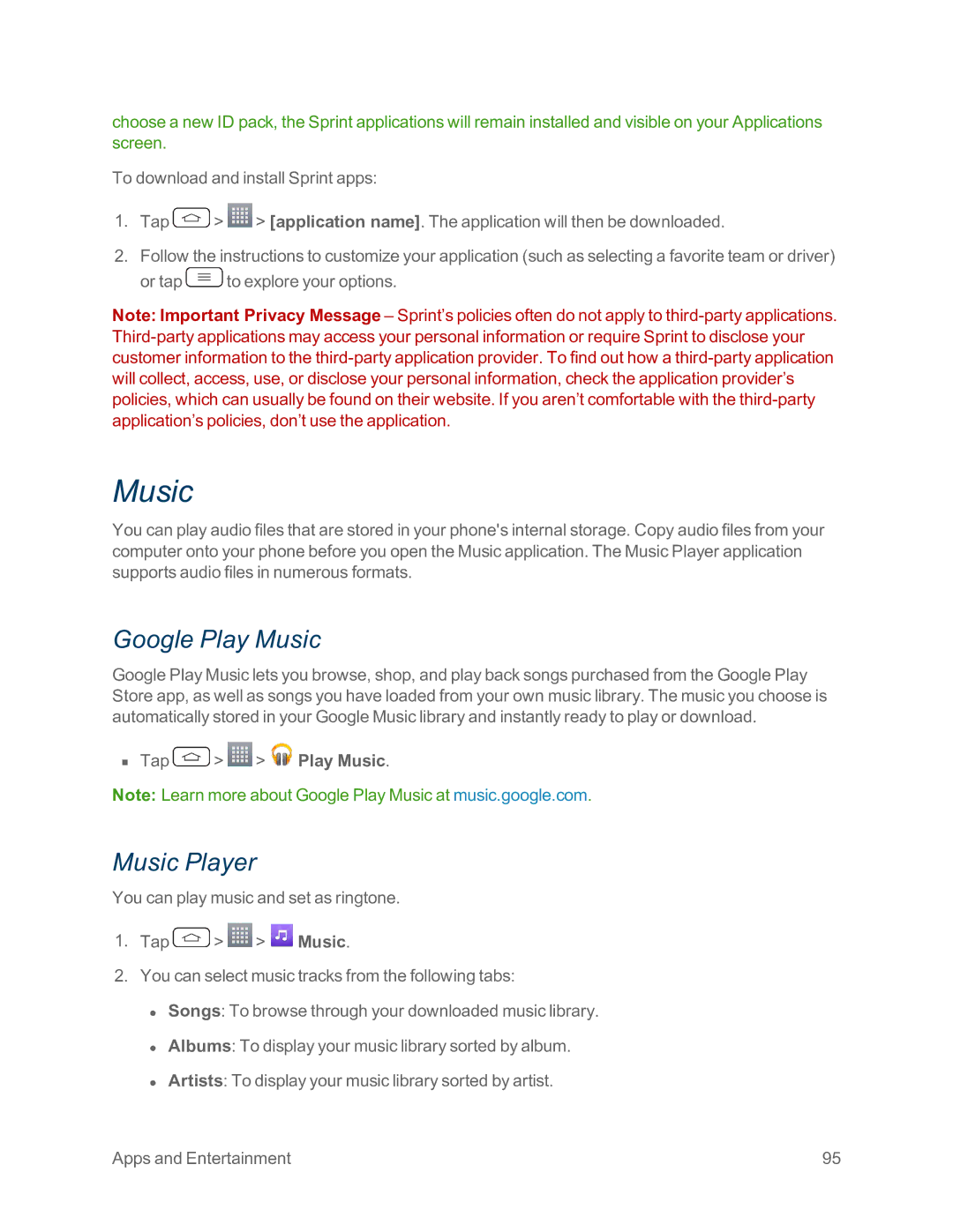 Sprint Nextel LG G2 manual Google Play Music, Music Player 