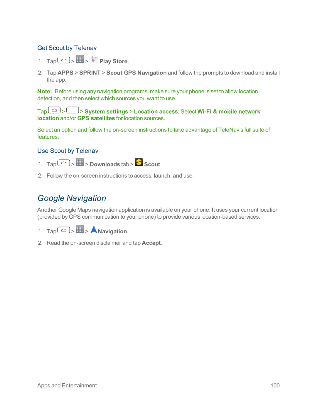 Sprint Nextel LG G2 manual Google Navigation, Get Scout by Telenav, Use Scout by Telenav 