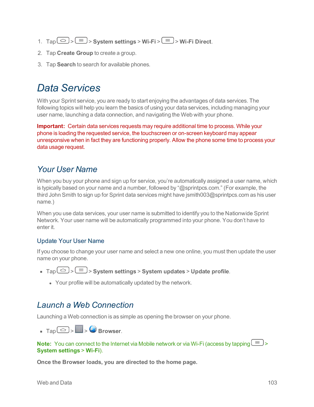 Sprint Nextel LG G2 manual Data Services, Launch a Web Connection, Update Your User Name 