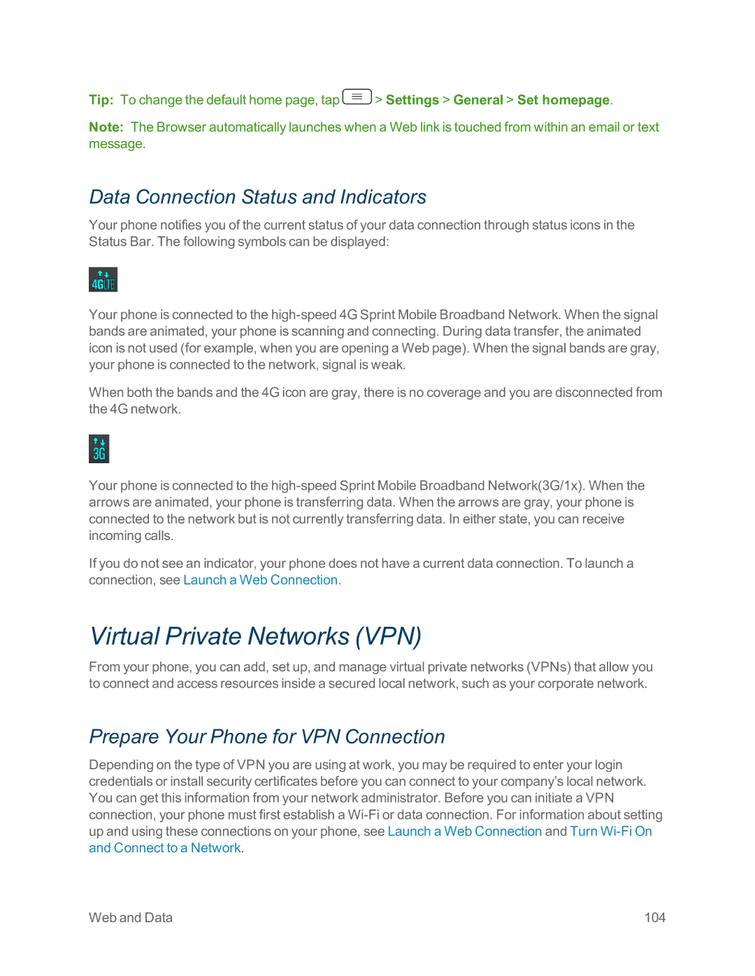 Sprint Nextel LG G2 manual Virtual Private Networks VPN, Data Connection Status and Indicators 