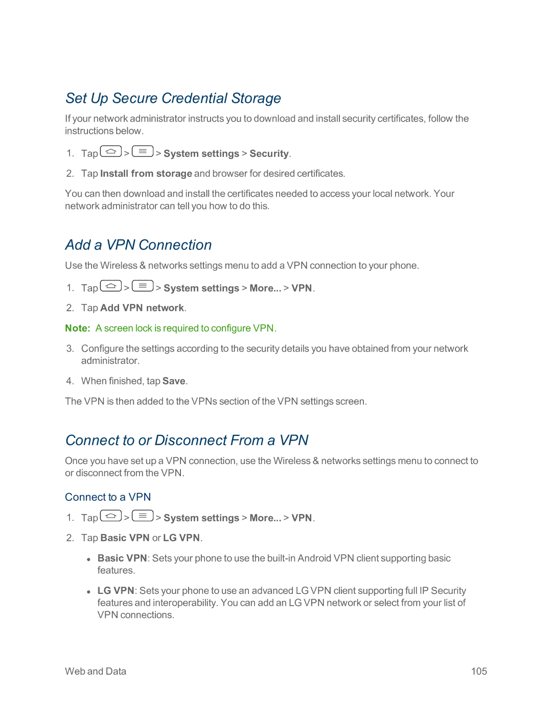 Sprint Nextel LG G2 manual Set Up Secure Credential Storage, Add a VPN Connection, Connect to or Disconnect From a VPN 