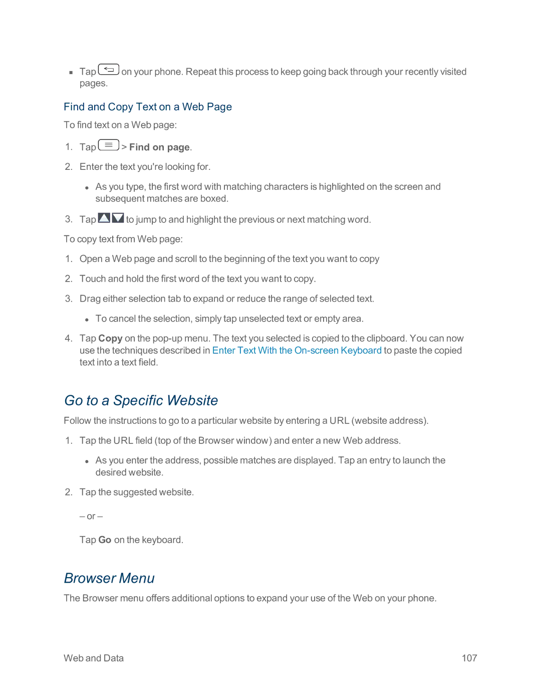 Sprint Nextel LG G2 manual Go to a Specific Website, Browser Menu, Find and Copy Text on a Web, Tap Find on 