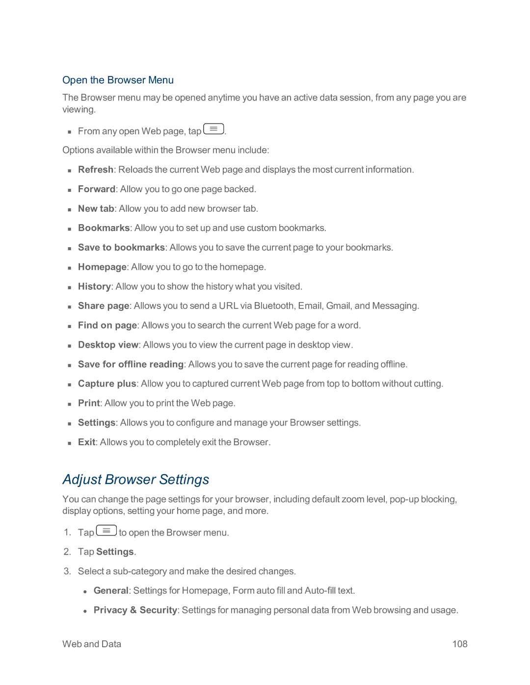 Sprint Nextel LG G2 manual Adjust Browser Settings, Open the Browser Menu, Tap Settings 