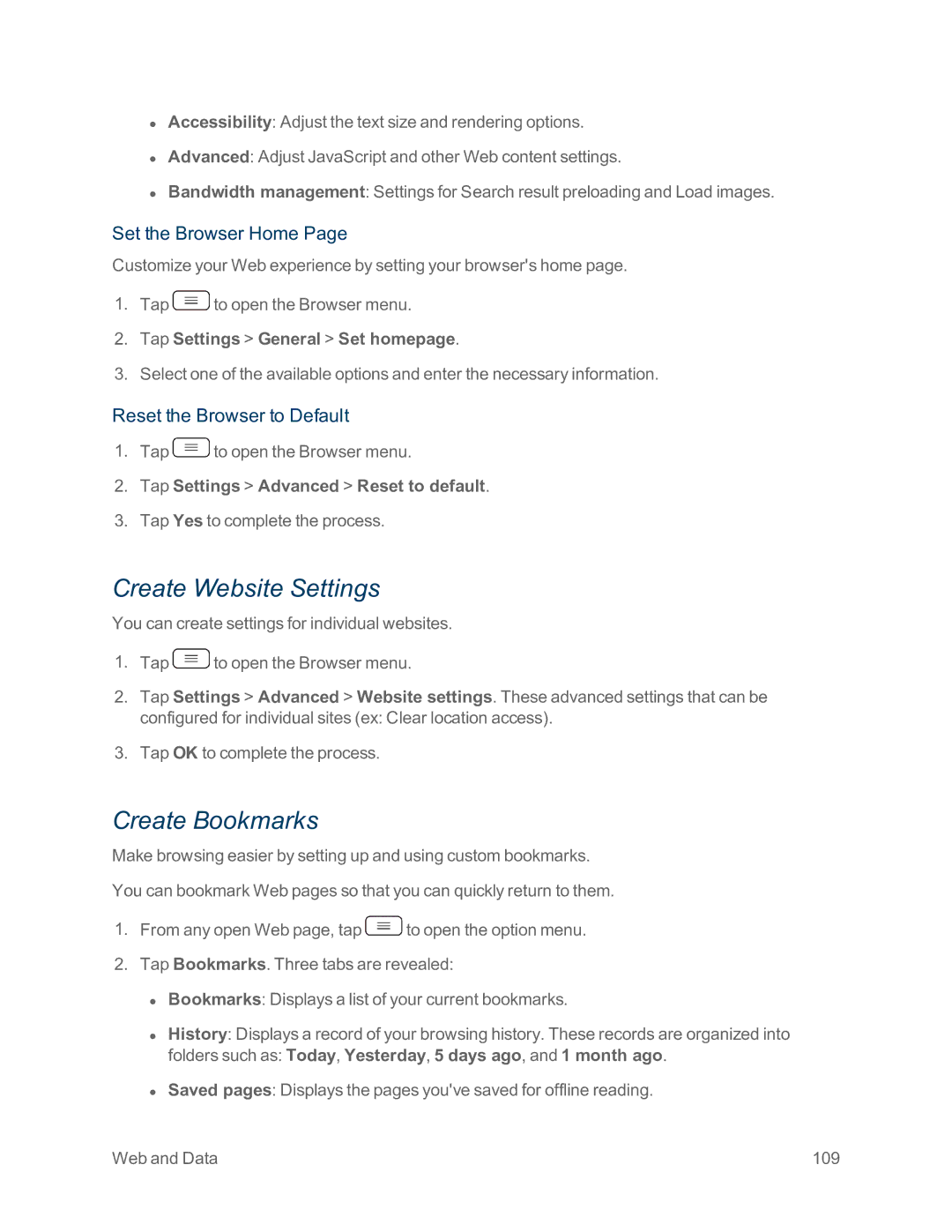 Sprint Nextel LG G2 manual Create Website Settings, Create Bookmarks, Set the Browser Home, Reset the Browser to Default 