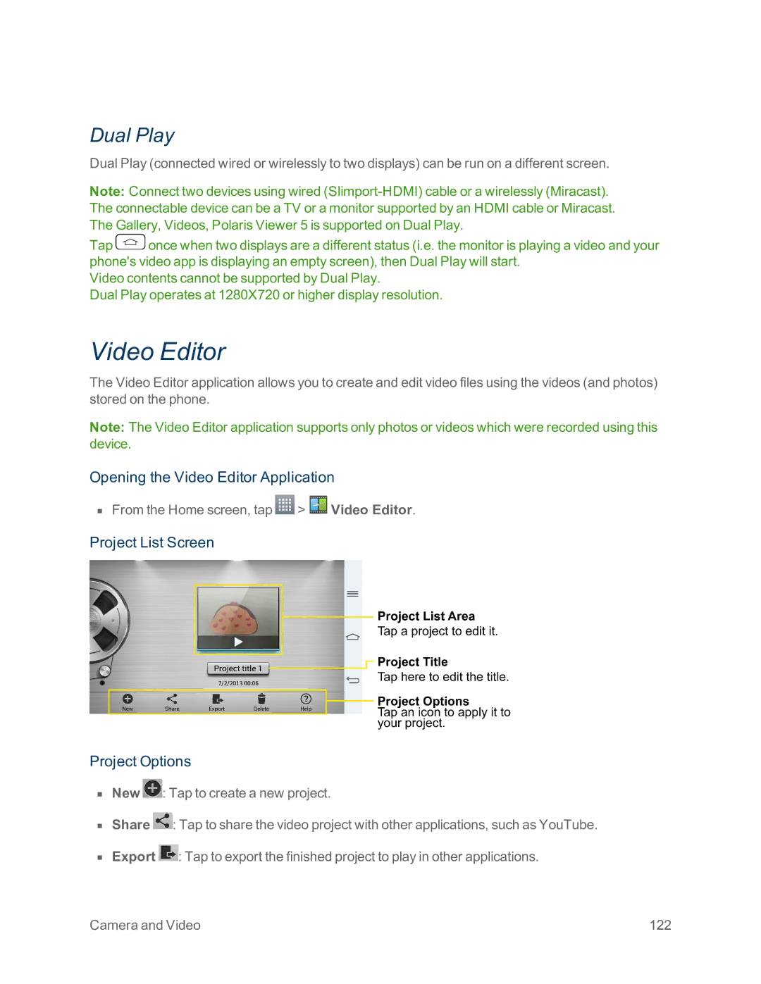 Sprint Nextel LG G2 manual Dual Play, Opening the Video Editor Application, Project List Screen Project Options 