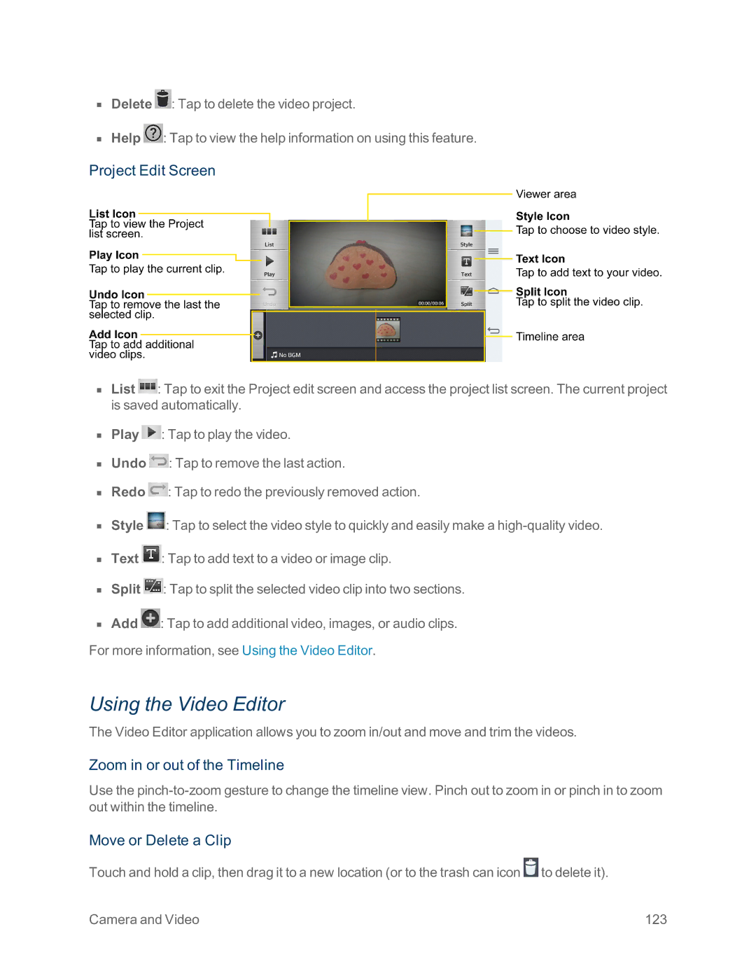 Sprint Nextel LG G2 Using the Video Editor, Project Edit Screen, Zoom in or out of the Timeline, Move or Delete a Clip 