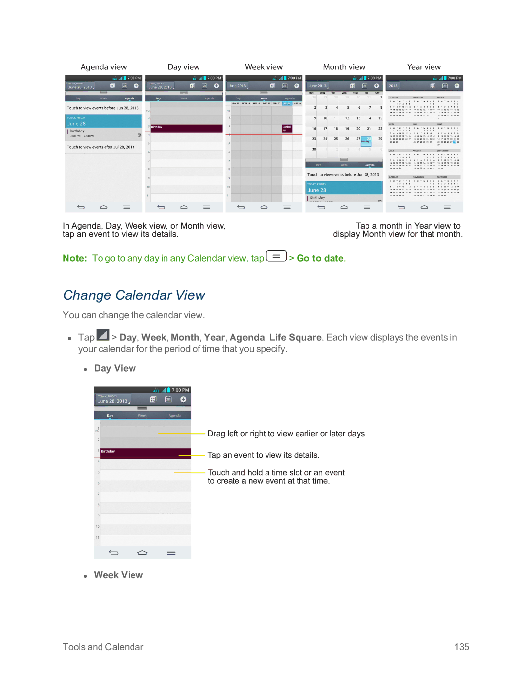 Sprint Nextel LG G2 manual Change Calendar View, Day View Week View 